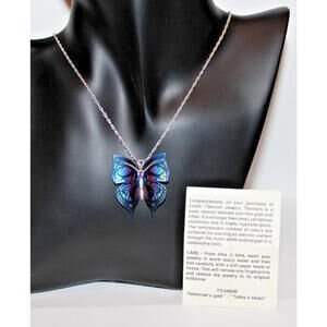 Vintage Titanium Butterfly Pendant Necklace 18” Sterling Silver Chain Anodized